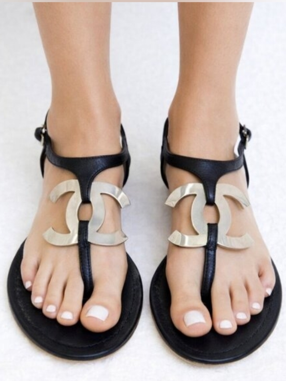 Chanel Big Logo Filigree Thong T-Strap Flat Sandal Black Leather Silver 38 | 7.5